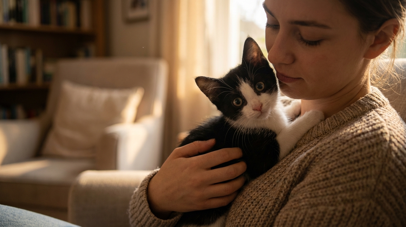 A woman cuddling a kitten — adopt a cat